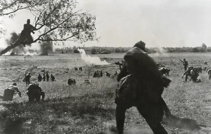 Framed Print : Soviet Russian infantry advancing toward German lines in coordination with tanks. May 1942. One solder is positioned in a tree for observation. World War 2 (BSLOC_2015_13_106) Framed Print : Soviet Russian infantry advancing toward German lines in coordination with tanks. May 1942. One solder is positioned in a tree for observation. World War 2 (BSLOC_2015_13_106)