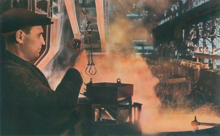 Framed Print : Soviet Russian metalworker, supervising the pouring of smelted steel in 1949