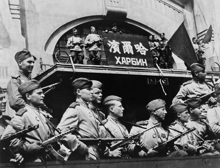 Framed Print : Soviet soldiers in Harbin, China, during the last days of World War 2. The Soviet Union declared war on Japan on Aug