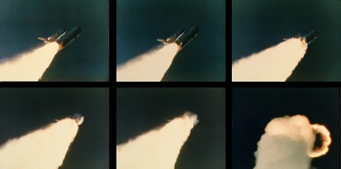 Framed Print : Space shuttle Challenger disaster. Six image sequence of the Challenger explosion in progress from 58.8 to 109.6 seconds after launch. Jan. 28, 1986 Framed Print : Space shuttle Challenger disaster. Six image sequence of the Challenger explosion in progress from 58.8 to 109.6 seconds after launch. Jan. 28, 1986
