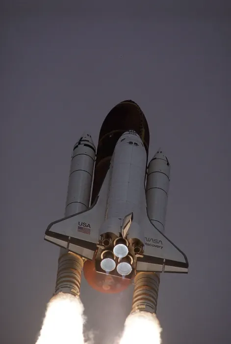 Framed Print : Space Shuttle Discovery launched with Hubble Space Telescope in its cargo bay. April 24, 1990