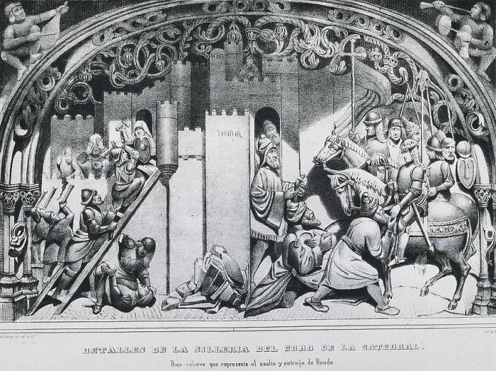 Framed Print : Spain (1485). Reconquest. Assault and delivering of Ronda to the Catholic Monarchs. Reproduction of a detail of the choir chairs of the Cathedral of Toledo. Engraving