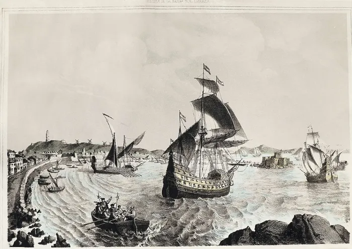 Framed Print : Spain (1525). The fleet under the comandment of Garca de Loaisa leaving the port of La Corua and going to explore the Maluku Islands (24th February 1525). Litography Framed Print : Spain (1525). The fleet under the comandment of Garca de Loaisa leaving the port of La Corua and going to explore the Maluku Islands (24th February 1525). Litography