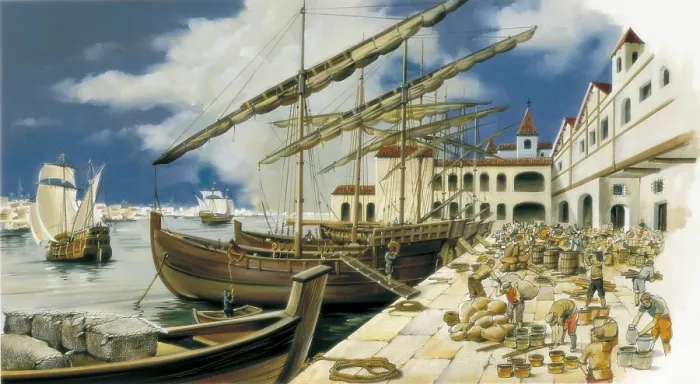 Framed Print : Spain, 16th - 17th c. Overseas Trade between Spain and the american colonies. Loading of goods at a harbor. - Iberfoto / Everett Collection (255952)**US SALES ONLY**