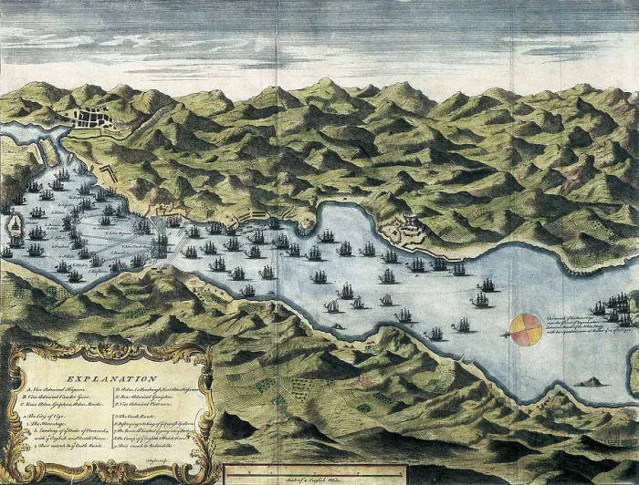 Framed Print : Spain (1700-1713). War of the Spanish Succession. Battle of Vigo-Rande between the Spanish-French fleet against the Dutch-English one (22nd and 23rd October 1702)