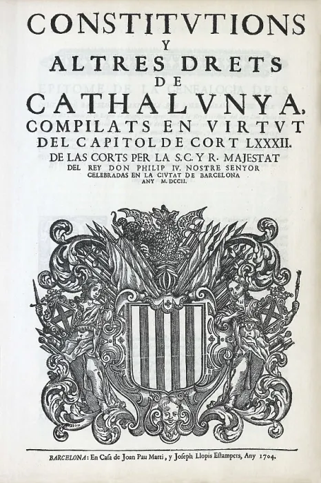 Framed Print : Spain (1702). 'Constitutions y altres Drets de Cathalunya' (Constitutions and Other Rights of Catalonia) Framed Print : Spain (1702). 'Constitutions y altres Drets de Cathalunya' (Constitutions and Other Rights of Catalonia)