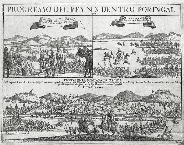 Framed Print : Spain (1704). War of the Spanish Succession. The Philip V troops supervised by the Duke of Berwick defeat to the troops of Archduke Carlos in Portugal. Etching. SPAIN. Madrid