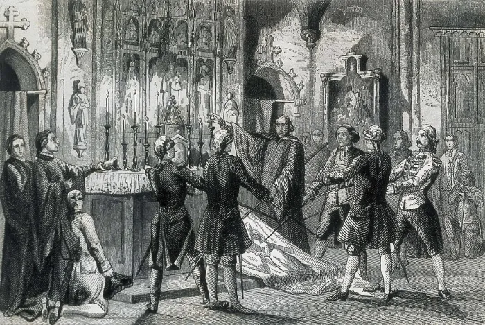 Framed Print : Spain (1713). War of the Spanish Succession. Oath of the captains of Barcelona, by which Antonio de Villarroel was named commander-in-chief of the Army of Catalonia (June 1713) Framed Print : Spain (1713). War of the Spanish Succession. Oath of the captains of Barcelona, by which Antonio de Villarroel was named commander-in-chief of the Army of Catalonia (June 1713)
