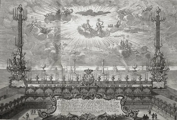 Framed Print : Spain (1759). Royal Palace of Barcelona illuminated on the occasion of the arrival of Charles III and Mara Amalia of Saxony. Engraving by Ignacio Valls. Etching. SPAIN. Madrid