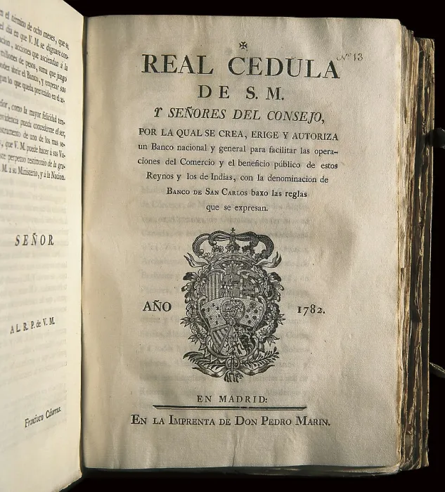 Framed Print : Spain (1770). Royal Issue creating the Bank of San Carlos, after proposal of Francisco Cabarrs. Publiseh in Madrid by Pedro Marn. SPAIN. Barcelona. Barcelona University Library