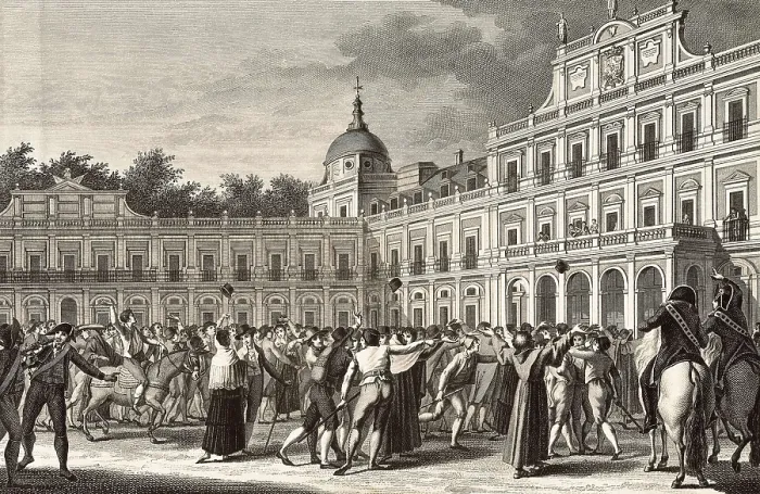 Framed Print : Spain (1808). The Mutiny of Aranjuez. Charles IV abdicates and gives the crown to his son Ferdinand (19th March 1808). Etching. SPAIN. Madrid. National Library