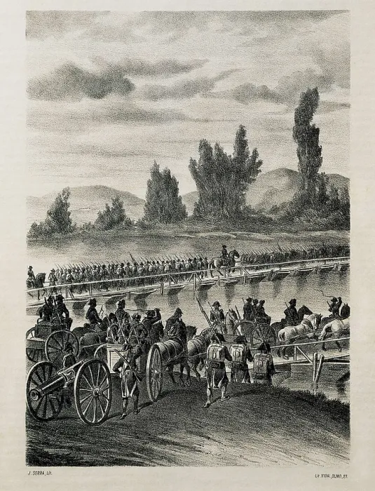 Framed Print : Spain (1808). Peninsular War. The Frebnch troops crossing the Bidasoa river. Litography. SPAIN. Barcelona. Biblioteca de Catalunya (National Library of Catalonia)