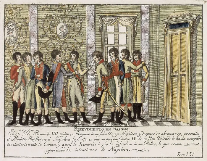 Framed Print : Spain (1808). 'Recevimiento en Bayona' (Reception in Bayonne). Ferdinand VII before Napoleon and Tayllerand giving explanation about the Mutiny of Aranjuez. Engraving Framed Print : Spain (1808). 'Recevimiento en Bayona' (Reception in Bayonne). Ferdinand VII before Napoleon and Tayllerand giving explanation about the Mutiny of Aranjuez. Engraving