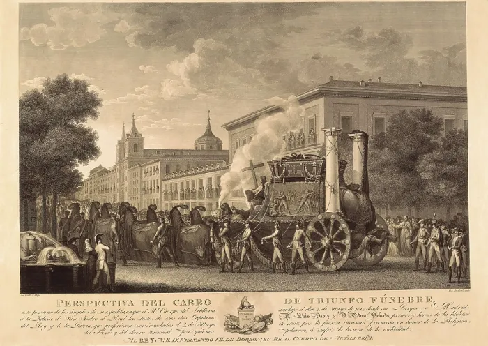 Framed Print : Spain (1814). Move of the corpses of Luis Daoiz and Pedro Velarde (2nd May 1814), dead six years before facing up the napoleonic troops. Etching. SPAIN. Madrid. Municipal Museum