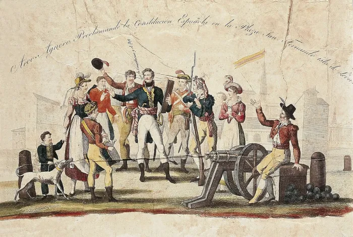 Framed Print : Spain (1820). Liberal Triennium. Felipe de Arco-Agero proclamates the Constitution of 1812 at San Fernando Square in the Isla de Len (Cdiz). Engraving. SPAIN. San Fernando Framed Print : Spain (1820). Liberal Triennium. Felipe de Arco-Agero proclamates the Constitution of 1812 at San Fernando Square in the Isla de Len (Cdiz). Engraving. SPAIN. San Fernando
