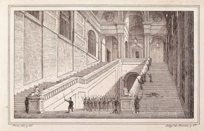 Framed Print : Spain (1822). Liberal Triennium. Madrid (7th July 1822). The staircase of the Palace the night of 7th July. Etching. SPAIN. Madrid. National Library Framed Print : Spain (1822). Liberal Triennium. Madrid (7th July 1822). The staircase of the Palace the night of 7th July. Etching. SPAIN. Madrid. National Library