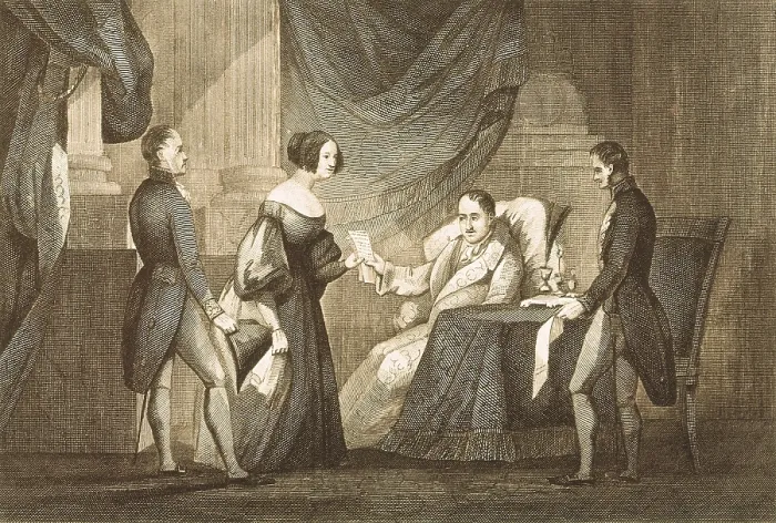Framed Print : Spain (1832). Fernando VII delivering to Mara Cristina the Decree of 6th October 1832, that revoked the Pragmatic Sanction and put into effect the Salic Law again. Etching. SPAIN Framed Print : Spain (1832). Fernando VII delivering to Mara Cristina the Decree of 6th October 1832, that revoked the Pragmatic Sanction and put into effect the Salic Law again. Etching. SPAIN