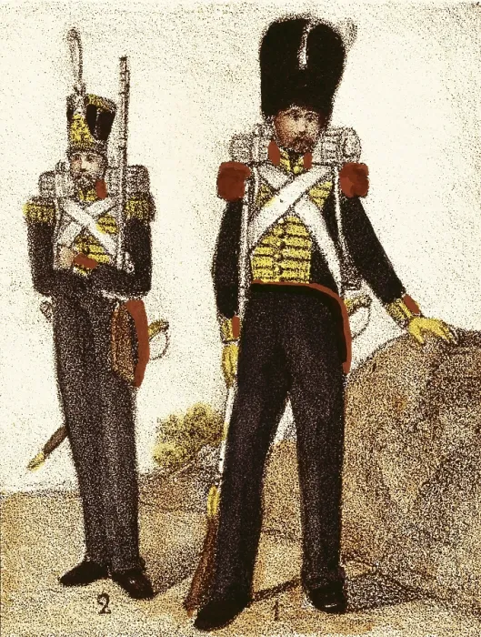 Framed Print : Spain (1833). Province Royal Guard. Grenadiers (1) and Hunterss (2), . Litography. SPAIN. Madrid. National Library Framed Print : Spain (1833). Province Royal Guard. Grenadiers (1) and Hunterss (2), . Litography. SPAIN. Madrid. National Library
