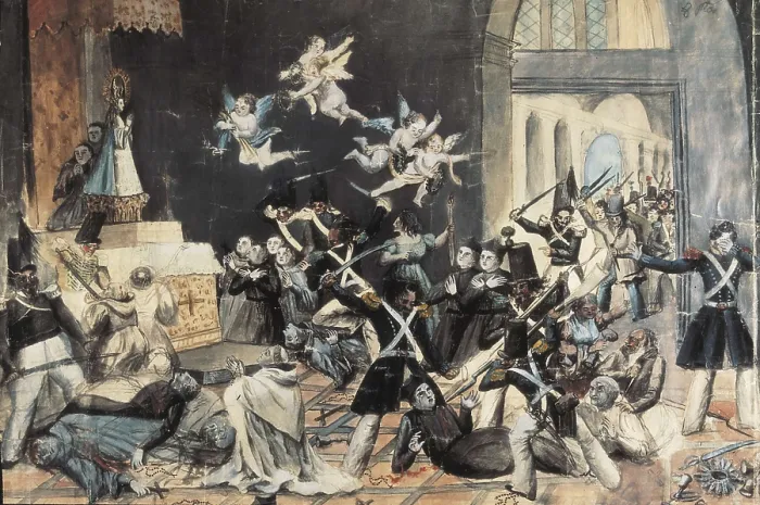 Framed Print : Spain (1834). Beheading of monks, acussed of poisoning the public fountains during a epidemic of cholera in Madrid. Watercolour by Ramn Pulido. Watercolour. SPAIN. Madrid Framed Print : Spain (1834). Beheading of monks, acussed of poisoning the public fountains during a epidemic of cholera in Madrid. Watercolour by Ramn Pulido. Watercolour. SPAIN. Madrid