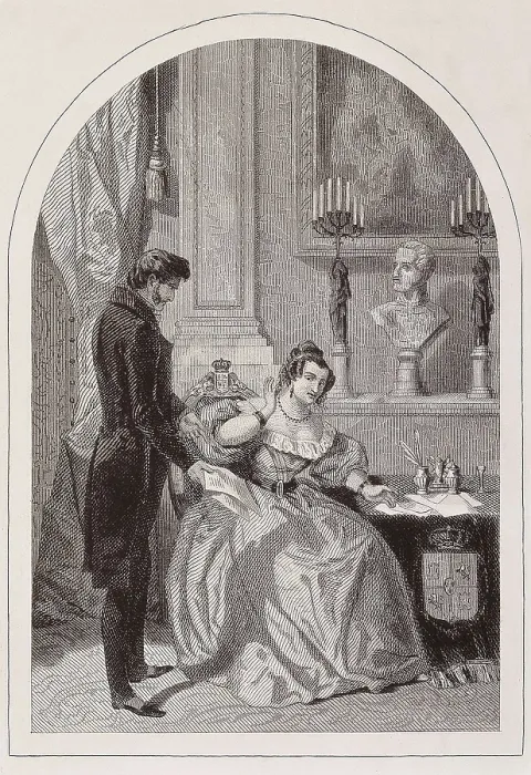 Framed Print : Spain (1836). Prime Minister Juan Alvarez Mendizbal presenting to the regent queen Mara Cristina the decree by which the government confiscates the properties of the regular