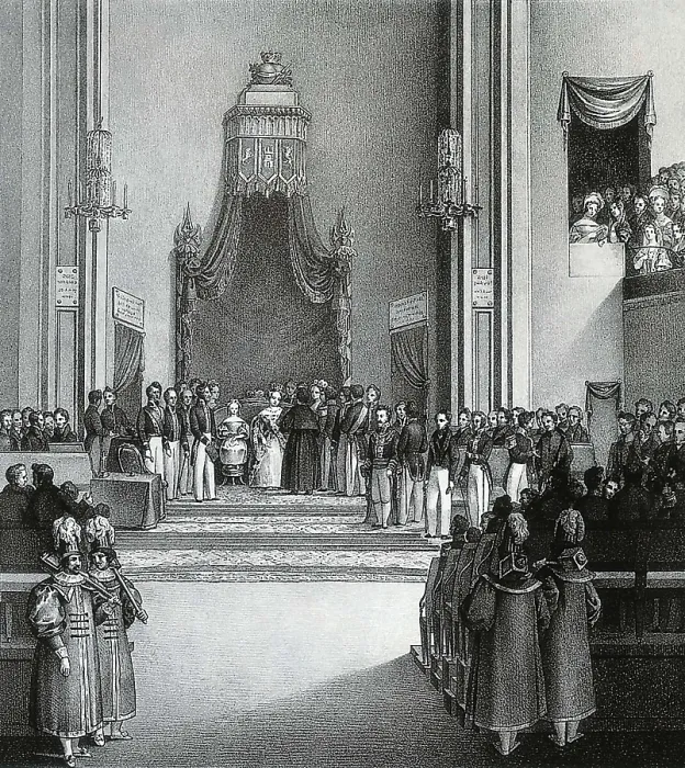 Framed Print : Spain (1837). The regent queen Mara Cristina, together with her daughter Isabel II, swears solemnly the Constitucion at the Congress (18th July 1837). Etching. SPAIN. Madrid