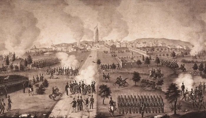 Framed Print : Spain (1843). Bombardment of the city of Reus by the troops of general Zurbano. In the city generals Prim and Milans del Bosch had proclaimed the Isabel II's come of age Framed Print : Spain (1843). Bombardment of the city of Reus by the troops of general Zurbano. In the city generals Prim and Milans del Bosch had proclaimed the Isabel II's come of age