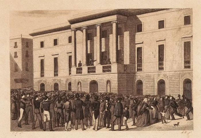 Framed Print : Spain (1843). Juan Prim i Prats talking to the people of Barcelona (15th June 1843). Etching. SPAIN. Reus. Salvador Vilaseca Regional Museum