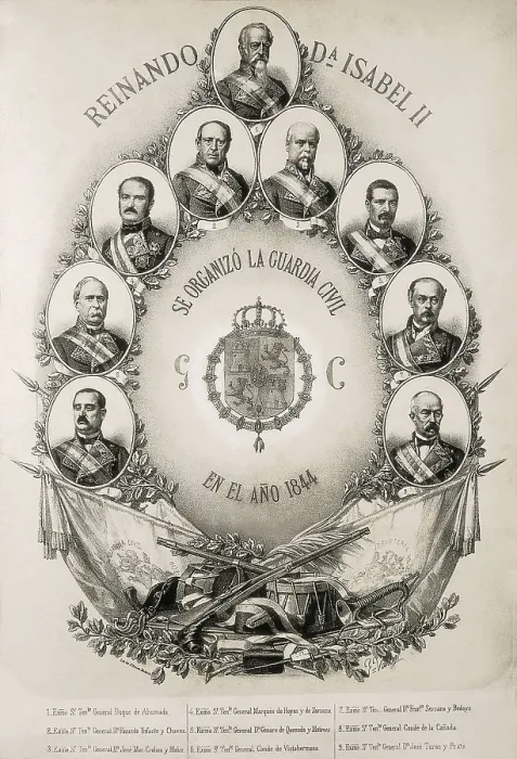 Framed Print : Spain (1844). Portrait of the founders of the Civil Guard, military police organized by Francisco Javier Girn y Ezpeleta, Duke of Ahumada (upper portrait). Litography Framed Print : Spain (1844). Portrait of the founders of the Civil Guard, military police organized by Francisco Javier Girn y Ezpeleta, Duke of Ahumada (upper portrait). Litography