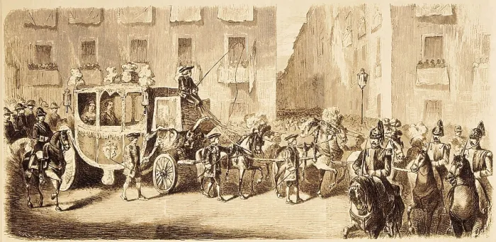 Framed Print : Spain (1860). Isabel II going to the Congress Palace for the solemn opening of Cortes (25th May 1860). Picture published in 'El Museo Universal'. Etching. SPAIN. Madrid Framed Print : Spain (1860). Isabel II going to the Congress Palace for the solemn opening of Cortes (25th May 1860). Picture published in 'El Museo Universal'. Etching. SPAIN. Madrid