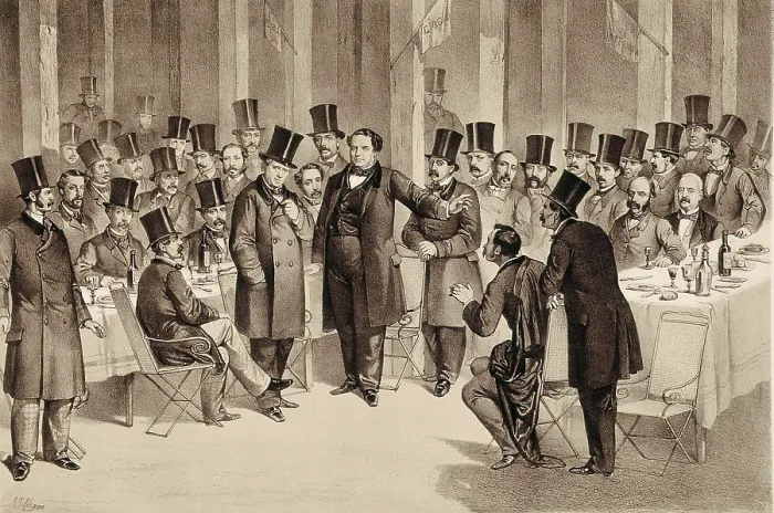 Framed Print : Spain (1863). Banquet of the Progressist Party (20th December 1863). In the middle (standing) Salustiano de Olzaga. Litography. SPAIN. Madrid. Municipal Museum