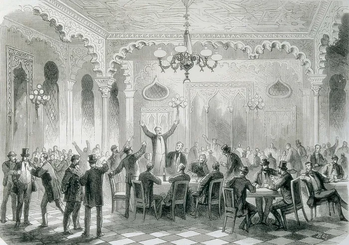 Framed Print : Spain (1868). Glorious Revolution. Permanent democratic meeting in the Caf de las Ramblas of Barcelona. Image published in 'L'Illustration. Journal Universel'