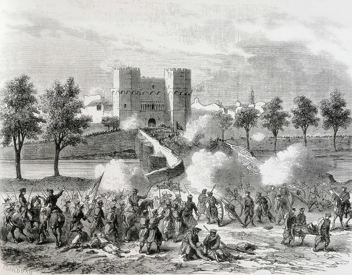 Framed Print : Spain (1868). Glorious Revolution. Attack of the government troops in the Serrans Gate in Valencia. Engraving from 'L'Illustration. Jorinal Universel'. Etching Framed Print : Spain (1868). Glorious Revolution. Attack of the government troops in the Serrans Gate in Valencia. Engraving from 'L'Illustration. Jorinal Universel'. Etching