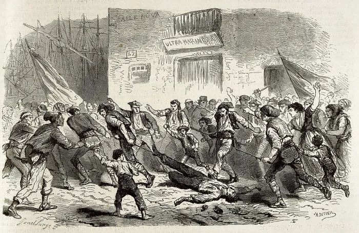 Framed Print : Spain (1868). Glorious Revolution. Murder of the secretary of the civil governor in Tarragona. Image published in 'L'Illustration. Journal Universel'. Etching