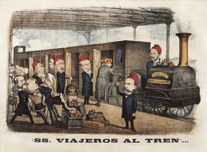 Framed Print : Spain (1868). Glorious Revolution. 'SS. Viajeros al Tren...', caricature of the magazine 'La Flaca'. Joan Prim drives the train that brings the monarchy Framed Print : Spain (1868). Glorious Revolution. 'SS. Viajeros al Tren...', caricature of the magazine 'La Flaca'. Joan Prim drives the train that brings the monarchy