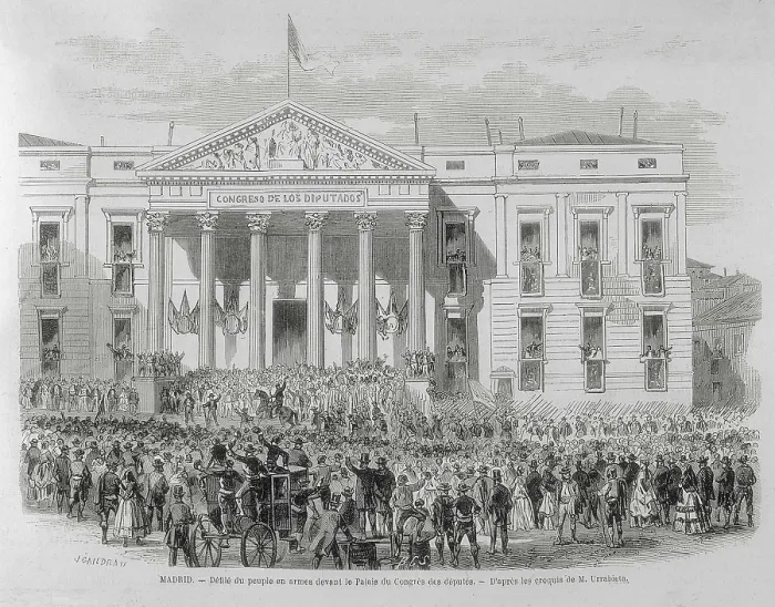 Framed Print : Spain (1868). Madrid. Armed people parading in front of the Congress. Illustration after a drawing by M. Urrabieta published in 'L'Illustration. Journal Universel'