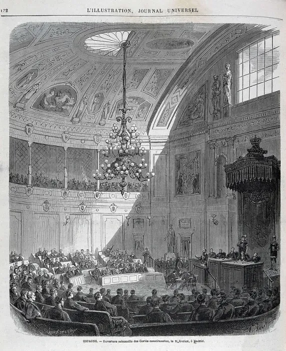 Framed Print : Spain (1869). Opening of the Constitutional Assembly (11st February of 1869) after the fall of Isabel II. Etching. AISA / Everett Collection**US SALES ONLY**