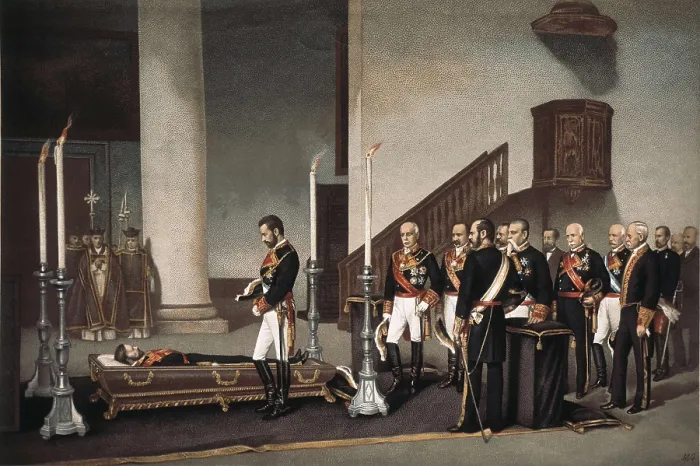 Framed Print : Spain (1870). The king Amadeo I before the coffin of general Prim in the basilica of Atocha. Engraving by J. Palacios after a painting by Gisbert. Litography. SPAIN. Madrid