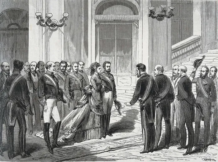 Framed Print : Spain (1871). The king Amadeo I of Savoy and the queen Mara Victoria entering into the palace (Madrid, 19th March 1871) Framed Print : Spain (1871). The king Amadeo I of Savoy and the queen Mara Victoria entering into the palace (Madrid, 19th March 1871)