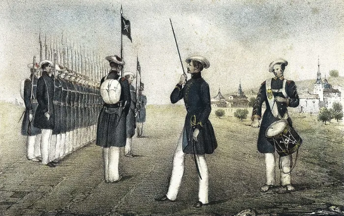 Framed Print : Spain (1872-1876). Third Carlist War. Infantry of Tortosa of the carlist army. Engraving belonging to the series 'Album de las tropas carlistas de Aragn'. Lithography