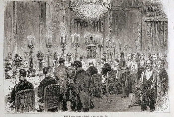 Framed Print : Spain (1872). Banquet in the Royal Palace of Madrid. Engraving. AISA / Everett Collection (52619)**US SALES ONLY** Framed Print : Spain (1872). Banquet in the Royal Palace of Madrid. Engraving. AISA / Everett Collection (52619)**US SALES ONLY**