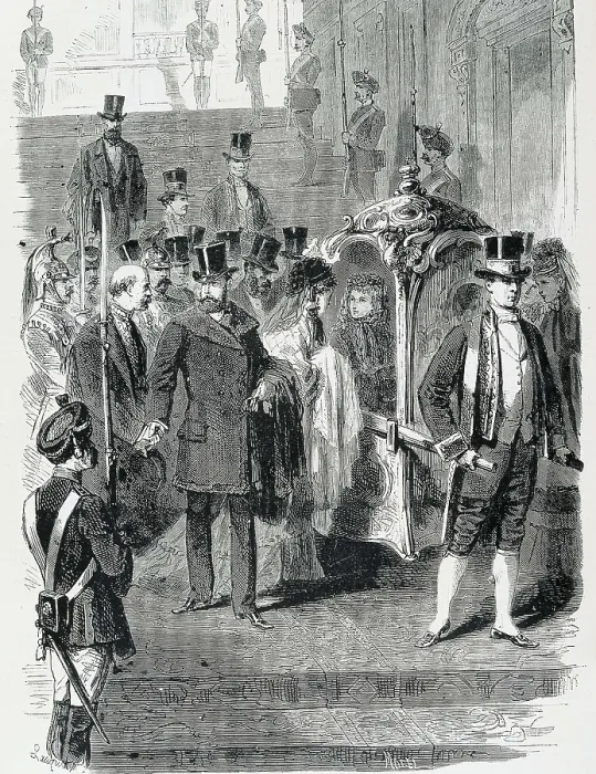 Framed Print : Spain (1873). Abdication of Amadeo I. The king Amadeo and the queen Mara Victoria leaving the Royal Palace. Published in 'L'Illustration. Journal Universel'