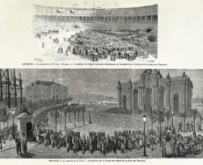 Framed Print : Spain (1873). First Republic. Occupation by the government troops of the surroundings of the bullfighting ring of Madrid (23rd April 1873). Published in 'L'Illustration