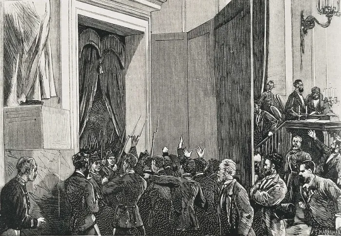 Framed Print : Spain (1874). First Republic. Entrance on the General Pava's troops into the Congress (3rd january 1874). Published in 'La Ilustracin Espaola y Americana'. Etching