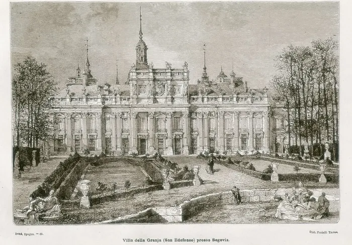 Framed Print : Spain (1874). Royal Palace of la Granja de San Ildefonso. Picture from the book 'L'Espagne' by Charles Davillier. Litography. SPAIN. Madrid. National Library Framed Print : Spain (1874). Royal Palace of la Granja de San Ildefonso. Picture from the book 'L'Espagne' by Charles Davillier. Litography. SPAIN. Madrid. National Library