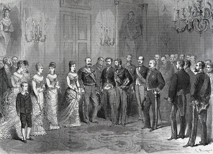 Framed Print : Spain (1878). Ceremony of engagement of the princess Mercedes at the white hall of the San Telmo Palace in Sevilla. Published in 'L'Illustration. Journal Universel' Framed Print : Spain (1878). Ceremony of engagement of the princess Mercedes at the white hall of the San Telmo Palace in Sevilla. Published in 'L'Illustration. Journal Universel'