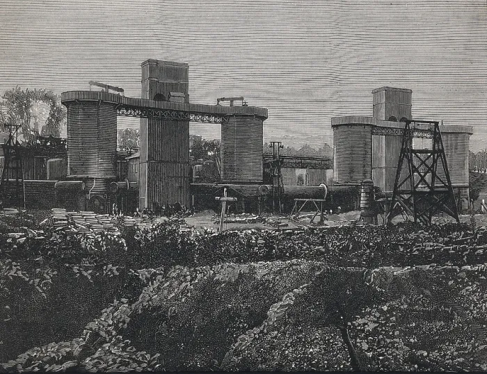 Framed Print : Spain (1883). Biscay. Mining industry. Iron factory of Marquiss of Mudela in the 'Desert' (Bilbao). Front of the blast furnaces Framed Print : Spain (1883). Biscay. Mining industry. Iron factory of Marquiss of Mudela in the 'Desert' (Bilbao). Front of the blast furnaces