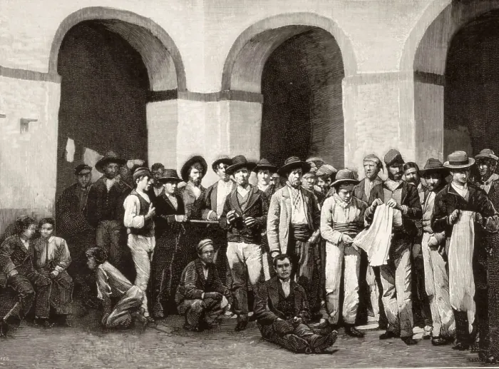 Framed Print : Spain (1883). Members of the anarchist organization 'La Mano Negra' (The Black Hand) in the prison of Jerez de la Frontera. Engraving after a photo by Montenegro Framed Print : Spain (1883). Members of the anarchist organization 'La Mano Negra' (The Black Hand) in the prison of Jerez de la Frontera. Engraving after a photo by Montenegro