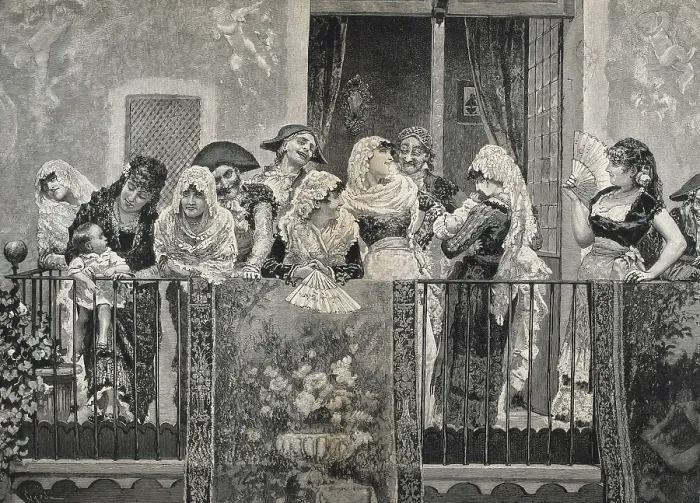 Framed Print : Spain (1884). Awaiting the procession, engraving by Toms Capuz after a tapestry by Josep Lloveras. Etching. AISA / Everett Collection**US SALES ONLY**