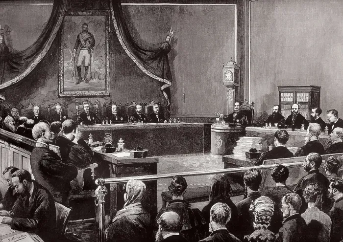 Framed Print : Spain (1884). Trial against the anarchist society 'La Mano Negra' (The Black Hand). Hearing of the appeals in favour of the accused. The public prossecutor Mr Framed Print : Spain (1884). Trial against the anarchist society 'La Mano Negra' (The Black Hand). Hearing of the appeals in favour of the accused. The public prossecutor Mr
