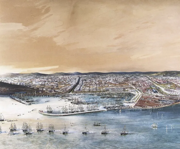 Framed Print : Spain (1888). Barcelona. Port of the city with the squadrons inspected by the queen Mara Cristina on occasion of the Universal Exhibition. Work by Antonio P. Caula. Painting